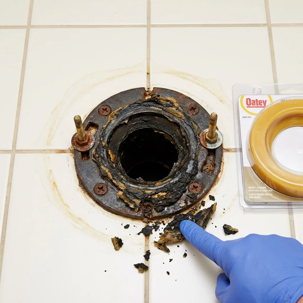 Failed wax ring showing water seepage at the base of a toilet in a Quebradillas, PR home