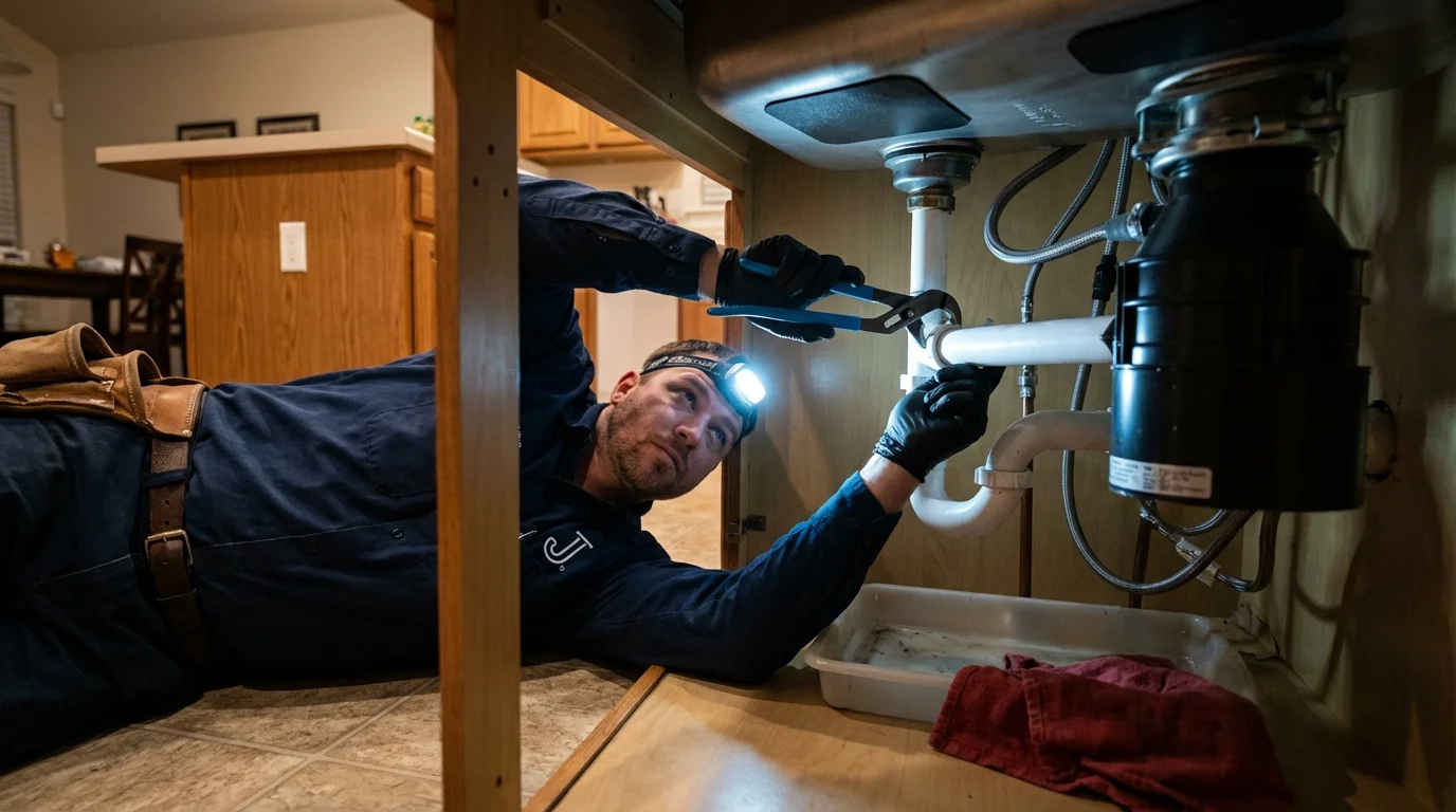 P-trap and supply line connections under a kitchen sink showing a common leak point in Quebradillas, PR